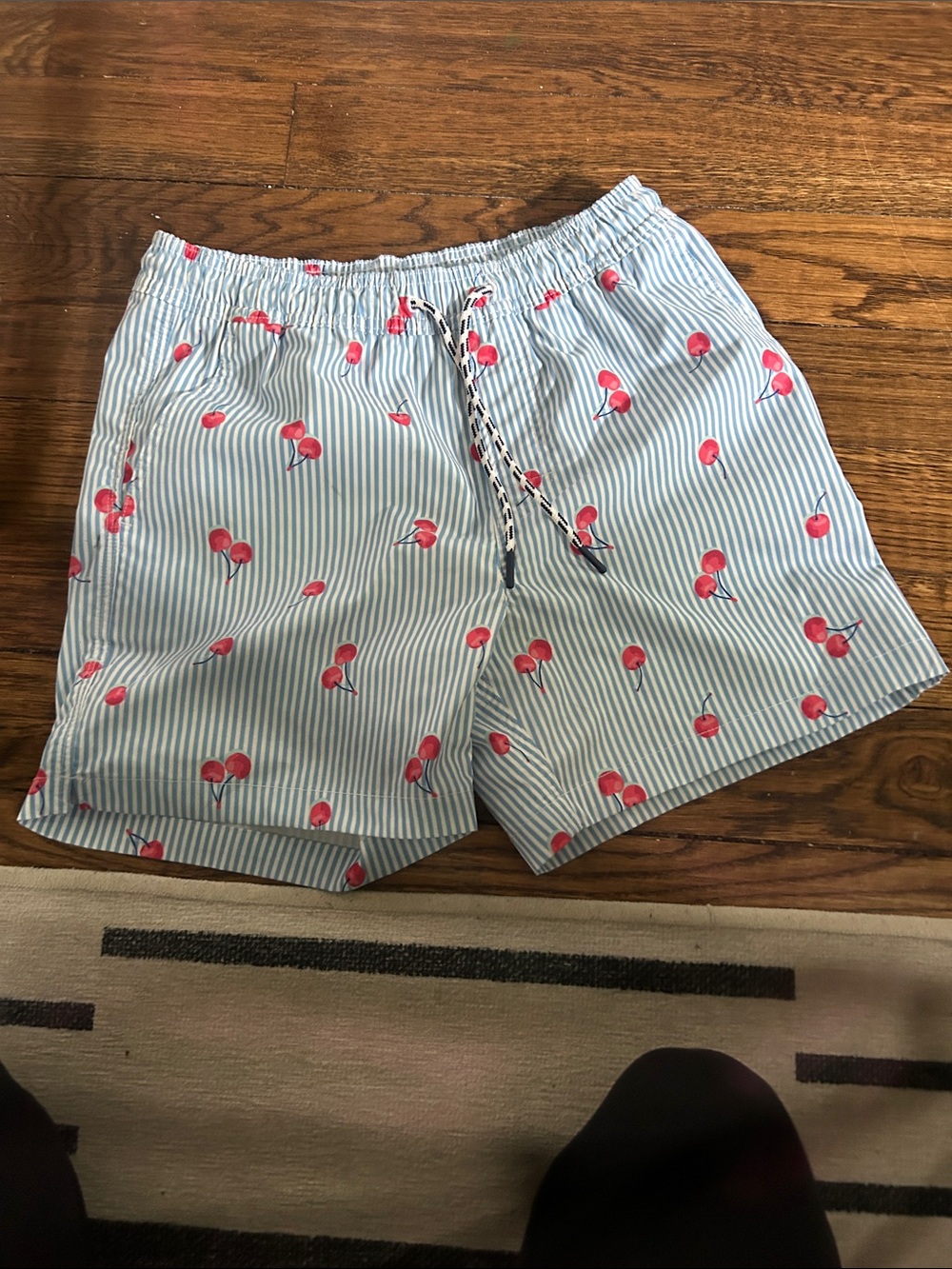 Men's American Eagle Light Blue Stripe Swim Shorts with Red Cherry Print